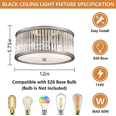 12 In. 2-Light Flush Mount Ceiling Light with Clear Glass Tube Shade,Damp Rated