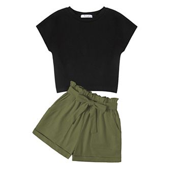 Arshiner Girls Clothes Summer Outfits Piece Set Drop Shoulder Short Sleeve Shirts And Paperbag