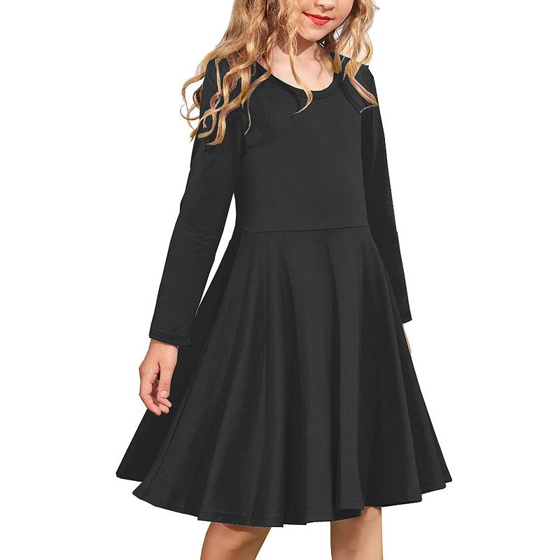 Arshiner Girls Long Sleeve Stretchy Dress A Line Twirly Skater School ...