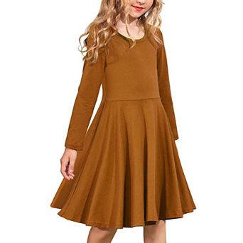 Arshiner Girls Long Sleeve Stretchy Dress A Line Twirly Skater School Party Dress