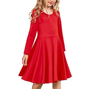 Arshiner Girls Long Sleeve Stretchy Dress A Line Twirly Skater School Party Dress