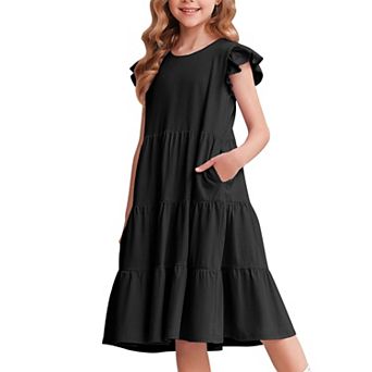 Arshiner Girl Summer Dresses Ruffle Sleeve Tiered Swing Midi Casual Sundress With Pockets Tween