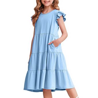 Arshiner Girl Summer Dresses Ruffle Sleeve Tiered Swing Midi Casual Sundress With Pockets Tween