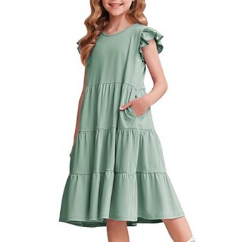 Arshiner Girl Summer Dresses Ruffle Sleeve Tiered Swing Midi Casual Sundress With Pockets Tween