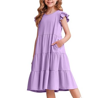 Arshiner Girl Summer Dresses Ruffle Sleeve Tiered Swing Midi Casual Sundress With Pockets Tween