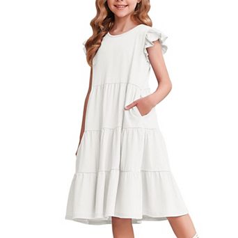Arshiner Girl Summer Dresses Ruffle Sleeve Tiered Swing Midi Casual Sundress With Pockets Tween