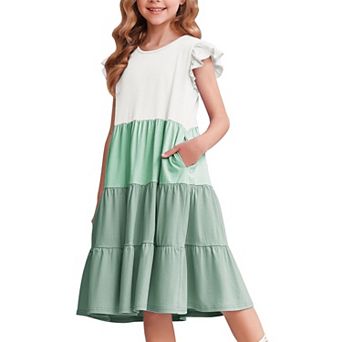 Arshiner Girl Summer Dresses Ruffle Sleeve Tiered Swing Midi Casual Sundress With Pockets Tween