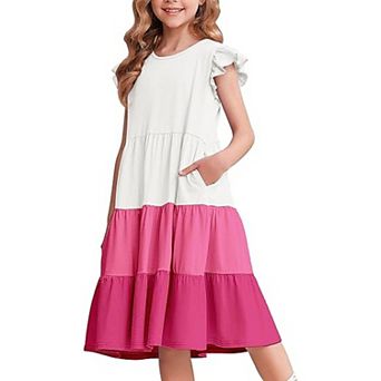 Arshiner Girl Summer Dresses Ruffle Sleeve Tiered Swing Midi Casual Sundress With Pockets Tween