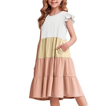 Arshiner Girl Summer Dresses Ruffle Sleeve Tiered Swing Midi Casual Sundress With Pockets Tween