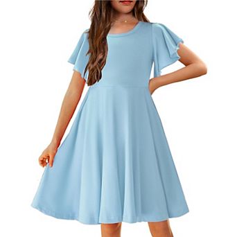 Arshiner Girl Summer Dresses Ruffle Short Sleeve Swing Flowy Midi Casual Sundress With Pockets