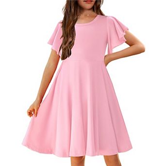 Arshiner Girl Summer Dresses Ruffle Short Sleeve Swing Flowy Midi Casual Sundress With Pockets
