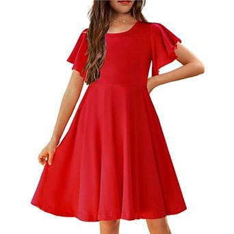 Arshiner Girl Summer Dresses Ruffle Short Sleeve Swing Flowy Midi Casual Sundress With Pockets