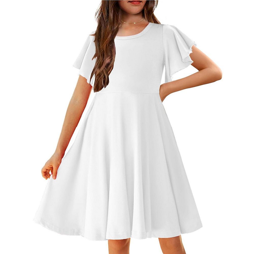 short white flowy summer dress Arshiner Girl'S Summer Dresses Ruffle Short Sleeve Swing Flowy Midi Casual Sundress with Pockets-White-130