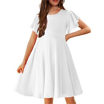 Arshiner Girl Summer Dresses Ruffle Short Sleeve Swing Flowy Midi Casual Sundress With Pockets