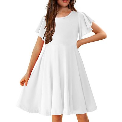 white short sleeve swing dress Arshiner Girl'S Summer Dresses Ruffle Short Sleeve Swing Flowy Midi Casual Sundress with Pockets-White-130