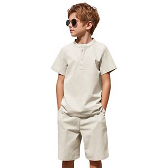 Arshiner Boys Cotton Linen Set Casual Henley Shirts Short Sleeve Beach Shorts Summer Outfits