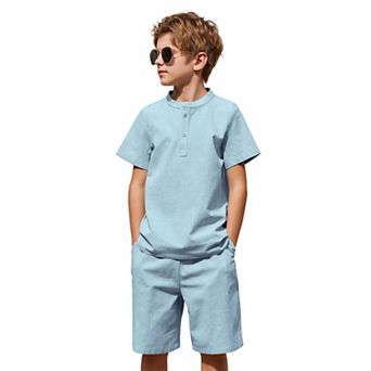 Arshiner Boys Cotton Linen Set Casual Henley Shirts Short Sleeve Beach Shorts Summer Outfits