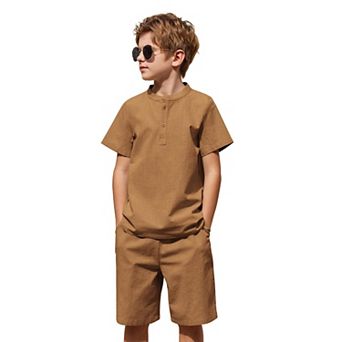Arshiner Boys Cotton Linen Set Casual Henley Shirts Short Sleeve Beach Shorts Summer Outfits