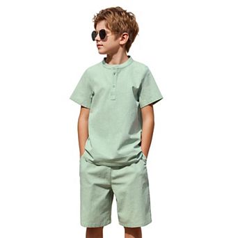 Arshiner Boys Cotton Linen Set Casual Henley Shirts Short Sleeve Beach Shorts Summer Outfits