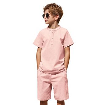 Arshiner Boys Cotton Linen Set Casual Henley Shirts Short Sleeve Beach Shorts Summer Outfits