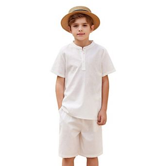 Arshiner Boys Cotton Linen Set Casual Henley Shirts Short Sleeve Beach Shorts Summer Outfits