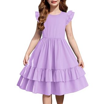 Arshiner Girls Dress Casual Boho Ruffle Sleeve Aline Flowy Summer Sundress With Pockets