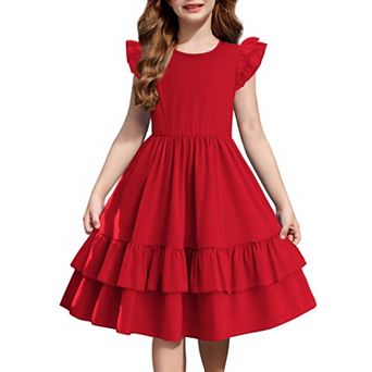 Arshiner Girls Dress Casual Boho Ruffle Sleeve Aline Flowy Summer Sundress With Pockets
