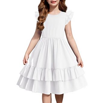 Arshiner Girls Dress Casual Boho Ruffle Sleeve Aline Flowy Summer Sundress With Pockets