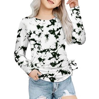 Arshiner Tie Dye Long Sleeve Shirts For Girls Ruched Knot Side Girls Tie Dye Shirts Casual Kids