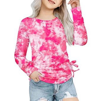 Arshiner Tie Dye Long Sleeve Shirts For Girls Ruched Knot Side Girls Tie Dye Shirts Casual Kids