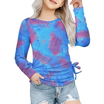 Arshiner Tie Dye Long Sleeve Shirts For Girls Ruched Knot Side Girls Tie Dye Shirts Casual Kids