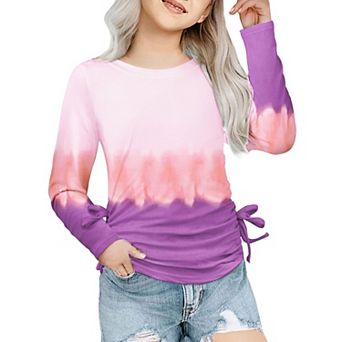 Arshiner Tie Dye Long Sleeve Shirts For Girls Ruched Knot Side Girls Tie Dye Shirts Casual Kids