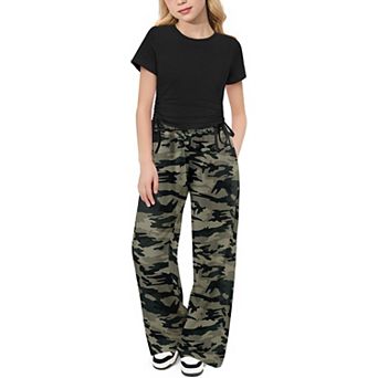 Arshiner Girls Clothing Sets Short Sleeve Side Drawstring Tops And Heart Print Wide Leg Pants