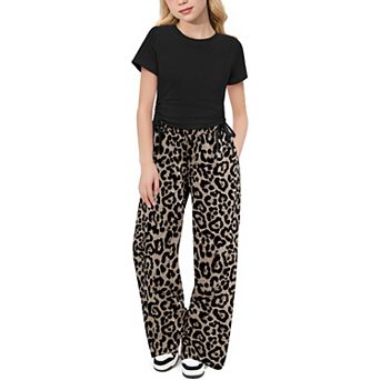 Arshiner Girls Clothing Sets Short Sleeve Side Drawstring Tops And Heart Print Wide Leg Pants