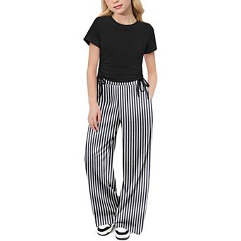 Arshiner Girls Clothing Sets Short Sleeve Side Drawstring Tops And Heart Print Wide Leg Pants
