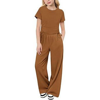 Arshiner Girls Clothing Sets Short Sleeve Side Drawstring Tops And Heart Print Wide Leg Pants