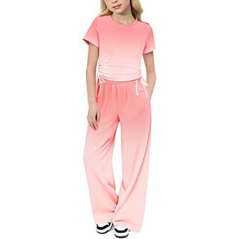 Arshiner Girls Clothing Sets Short Sleeve Side Drawstring Tops And Heart Print Wide Leg Pants