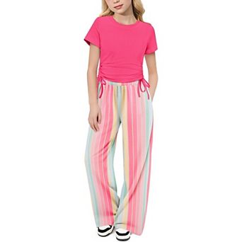 Arshiner Girls Clothing Sets Short Sleeve Side Drawstring Tops And Heart Print Wide Leg Pants
