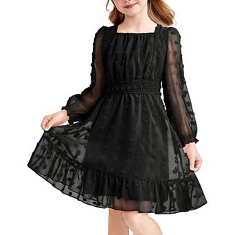 Arshiner Girls A-Line Dresses Chiffon Long Sleeve Square Neck Swiss Dot Flowy Casual Party Dress
