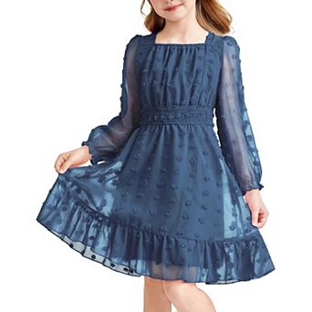 Arshiner Girls A-Line Dresses Chiffon Long Sleeve Square Neck Swiss Dot Flowy Casual Party Dress
