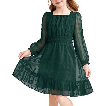 Arshiner Girls A-Line Dresses Chiffon Long Sleeve Square Neck Swiss Dot Flowy Casual Party Dress