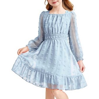 Arshiner Girls A-Line Dresses Chiffon Long Sleeve Square Neck Swiss Dot Flowy Casual Party Dress