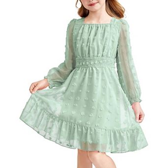 Arshiner Girls A-Line Dresses Chiffon Long Sleeve Square Neck Swiss Dot Flowy Casual Party Dress