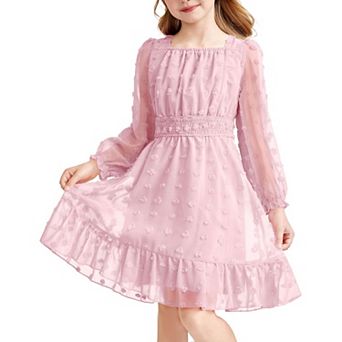 Arshiner Girls A-Line Dresses Chiffon Long Sleeve Square Neck Swiss Dot Flowy Casual Party Dress