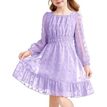 Arshiner Girls A-Line Dresses Chiffon Long Sleeve Square Neck Swiss Dot Flowy Casual Party Dress