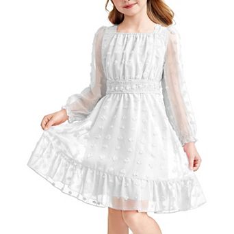 Arshiner Girls A-Line Dresses Chiffon Long Sleeve Square Neck Swiss Dot Flowy Casual Party Dress