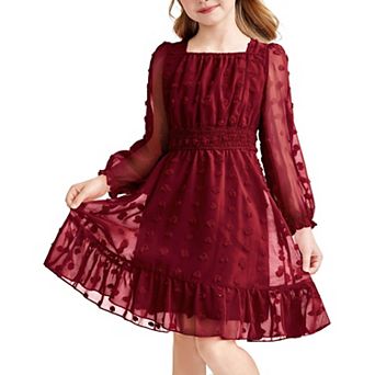 Arshiner Girls A-Line Dresses Chiffon Long Sleeve Square Neck Swiss Dot Flowy Casual Party Dress