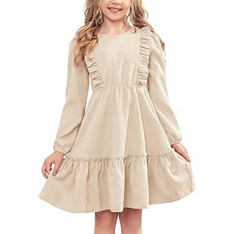 Arshiner Girl's Dress Vintage A-Line Long Sleeve Ruffle Swing Casual Velvet Dress with Pockets