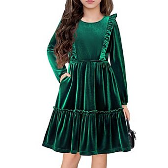 Arshiner Girl's Dress Vintage A-Line Long Sleeve Ruffle Swing Casual Velvet Dress with Pockets