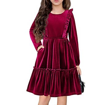 Arshiner Girl's Dress Vintage A-Line Long Sleeve Ruffle Swing Casual Velvet Dress with Pockets